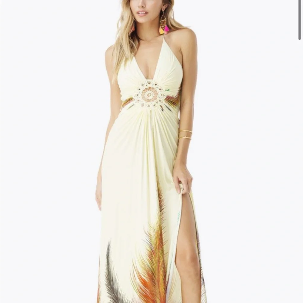Pale yellow Sky Maxi Dress with Feather Detail, large, worn twice - Picture 4 of 13